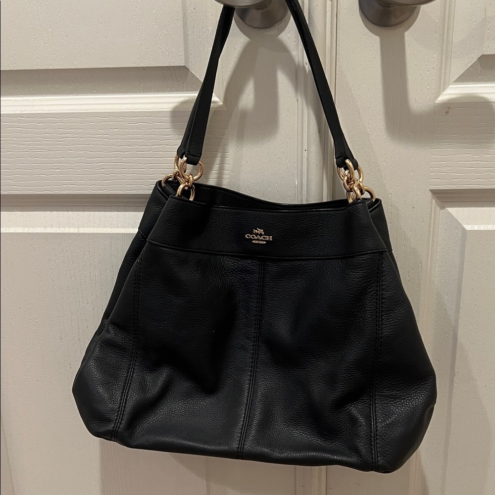 Coach Dark Navy Blue Leather Shoulder Bag with Gold Accents